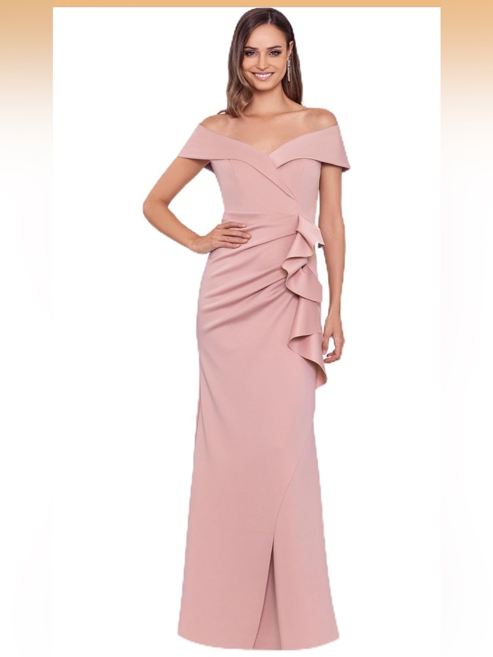 Off-Shoulder Blush Ruffle Evening Dress